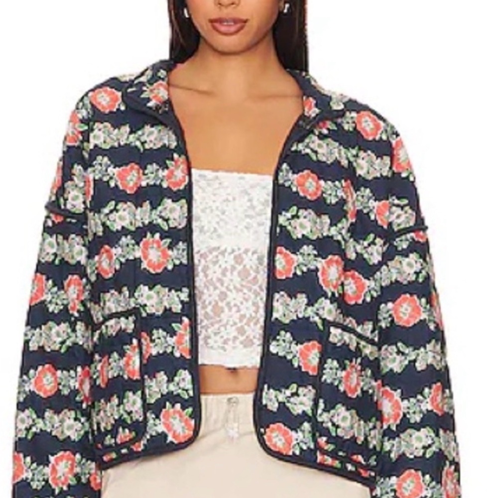 Free People Navy Quilted Puffer Jacket with Coral Floral Print